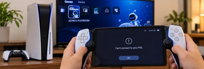 เครื่องเล่นเกมพกพา PlayStation Portal แสดงข้อความ "ไม่สามารถเชื่อมต่อกับ PS5 ของคุณได้" ต่อหน้าเครื่อง PS5 และโทรทัศน์ที่เปิดอยู่