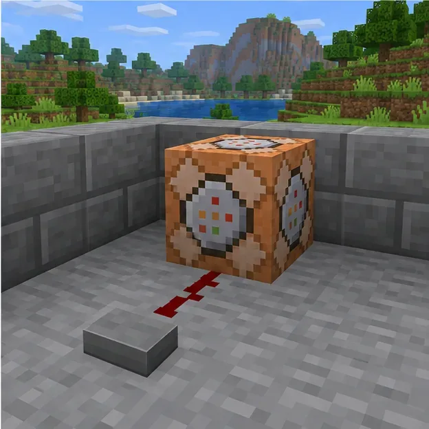 Command block beside a redstone line and a floor trigger in a small test area.