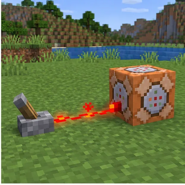 Lever powering a command block through a lit redstone line.