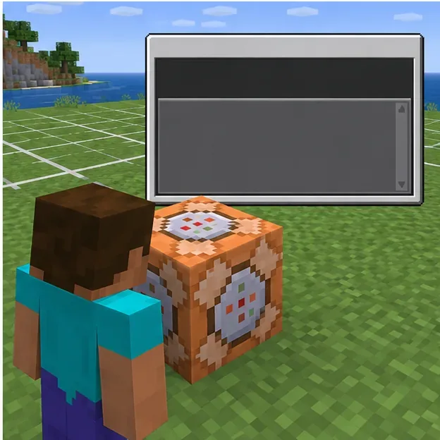 Player inspecting a blank command output panel beside a command block.