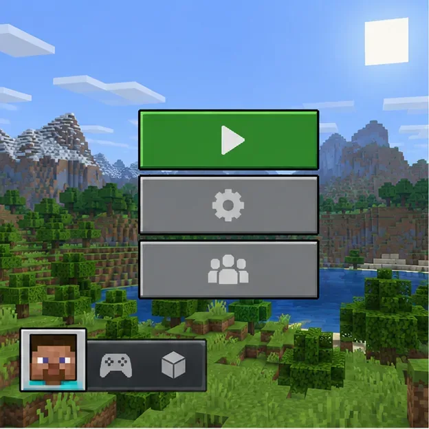 Minecraft-style main menu with Play, settings, and multiplayer icons over a blocky landscape.