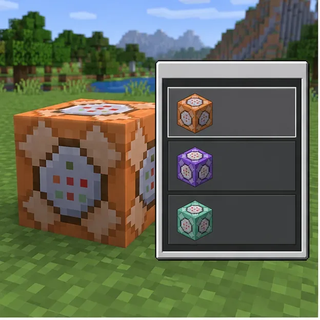 Orange command block beside a settings panel showing three command block type icons.