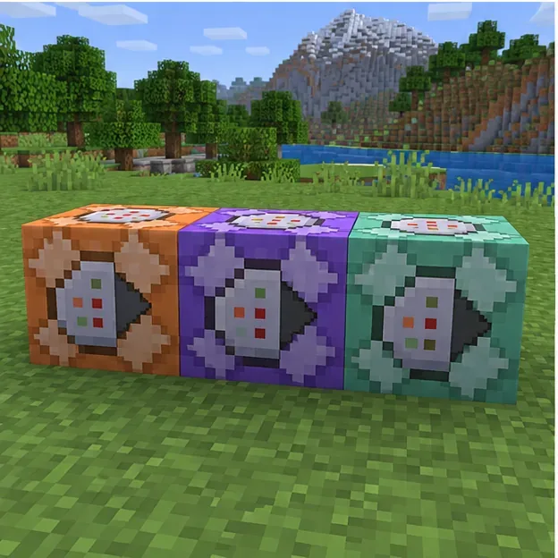Three orange, purple, and teal command blocks arranged in a row for checking chain direction.