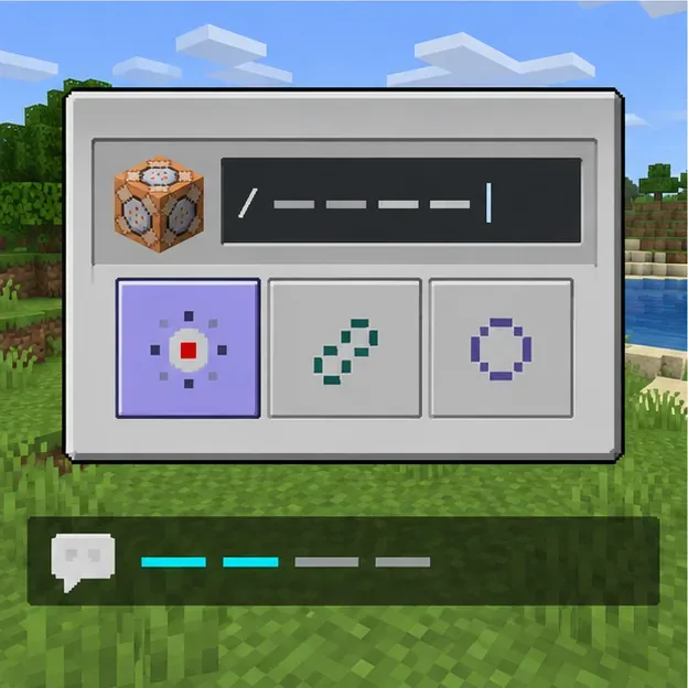 Open command block interface with an empty command field and a chat output area.