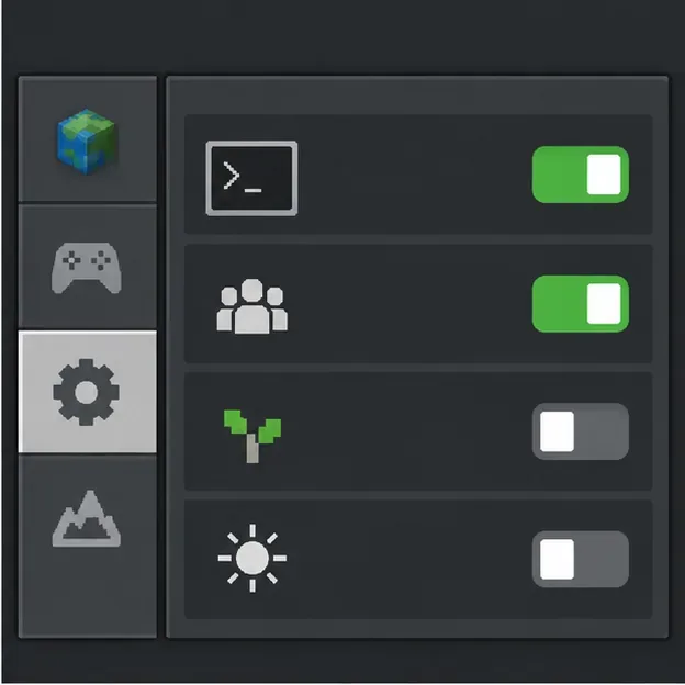 Minecraft-style world settings panel with two enabled switches and two disabled switches.