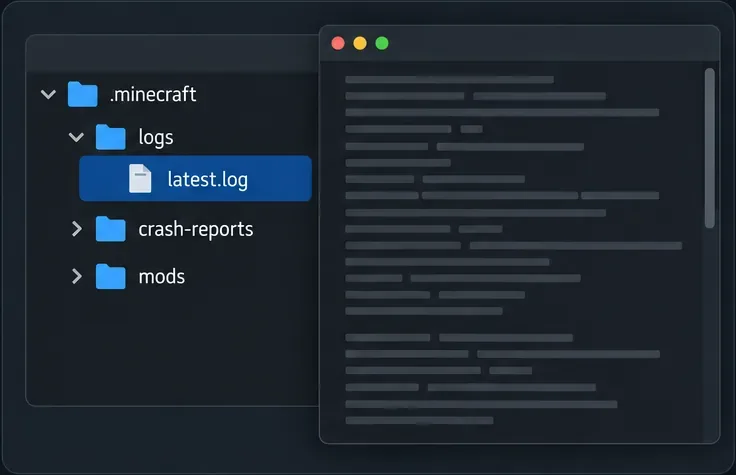 A Minecraft game folder with logs, crash-reports, mods, and latest.log selected beside a generic log viewer