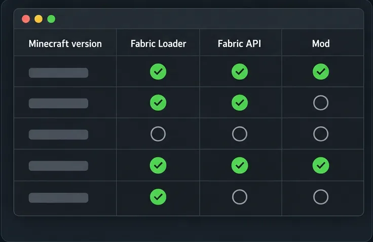 A generic compatibility checklist with columns for Minecraft version, Fabric Loader, Fabric API, and mod