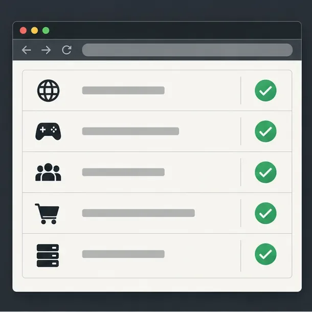 Un tablou de bord generic cu starea asistenței afișează rândurile de servicii cu bife verzi.