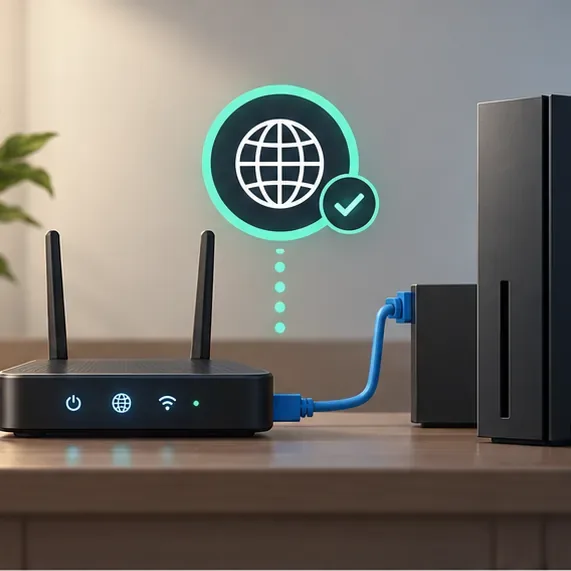 Un router este conectat la o consolă printr-un cablu Ethernet, în timp ce un indicator de rețea arată o bifare.