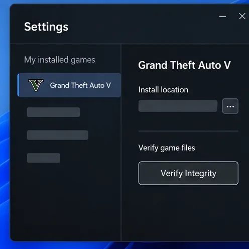 Ilustração das configurações do Rockstar Games Launcher com Grand Theft Auto V selecionado e a opção "Verificar integridade" visível.