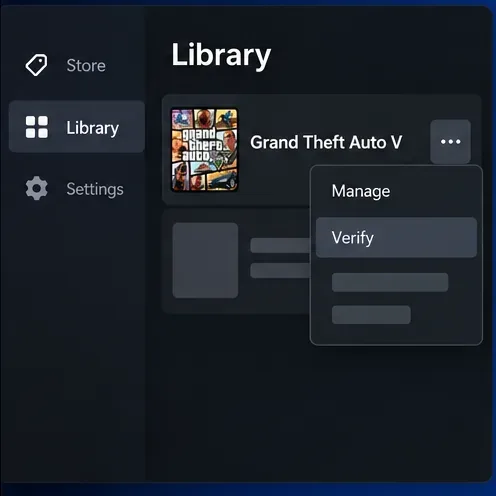 Ilustração da Epic Games Library mostrando o menu do Grand Theft Auto V com as opções Gerenciar e Verificar.