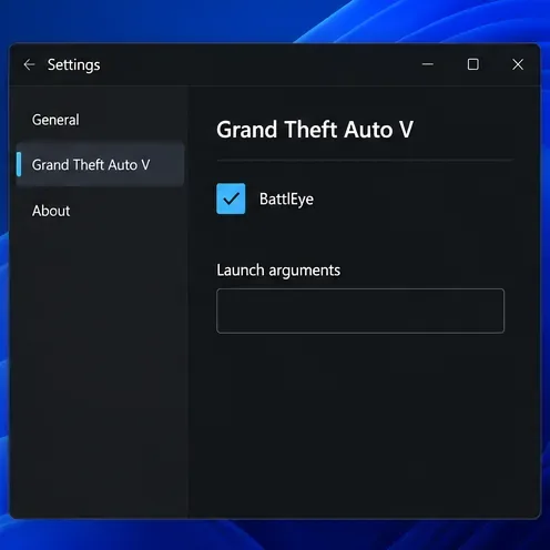 Ilustração das configurações do Rockstar Launcher com o BattlEye ativado e um campo de argumentos de inicialização vazio.