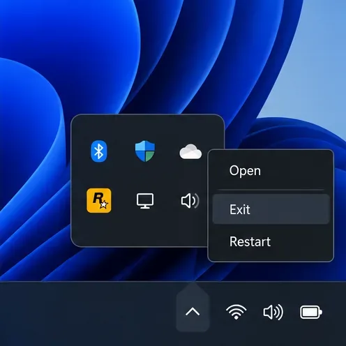 Ilustração da área de notificação do Windows mostrando o comando Sair do iniciador de jogos.