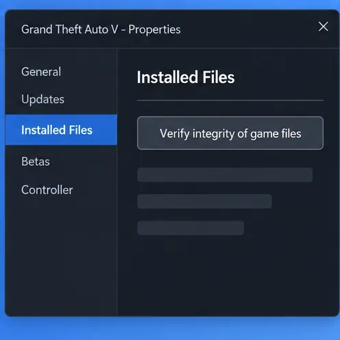 Ilustração das Propriedades do Steam com os Arquivos Instalados selecionados e a opção Verificar integridade dos arquivos do jogo visível.