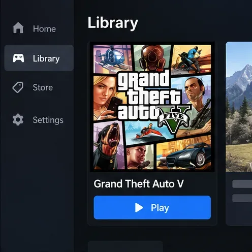 Ilustração de uma biblioteca de jogos com Grand Theft Auto V e seu botão "Jogar".