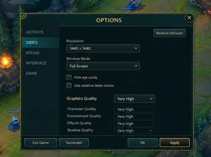 การตั้งค่าวิดีโอสไตล์ League of Legends พร้อมตัวเลือกความละเอียด 3440 × 1440 พิกเซล