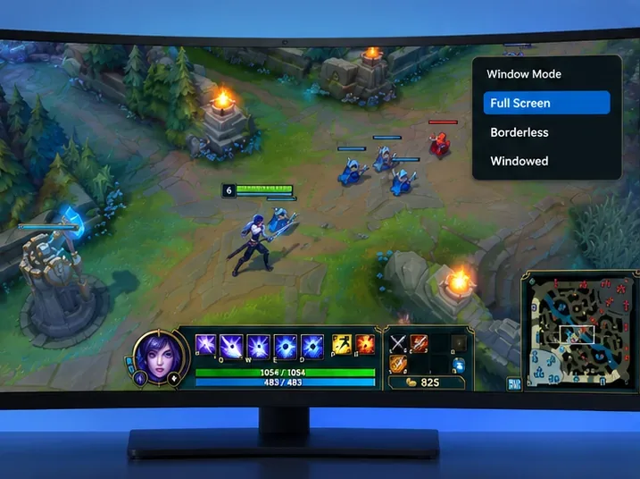 จอภาพเกมขนาดกว้างแสดงฉากเกม MOBA และเมนูเลือกโหมดหน้าต่าง