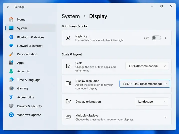 การตั้งค่าการแสดงผลของ Windows 11 โดยเลือกความละเอียดหน้าจอที่แนะนำไว้ที่ 3440 × 1440