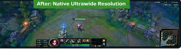 ฉากเกม MOBA ที่เต็มพื้นที่แสดงผลแบบอัลตร้าไวด์ พร้อมมุมมองด้านข้างที่ขยายกว้างขึ้น
