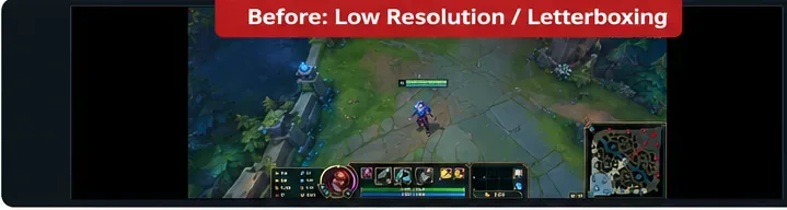 รูปแบบการเล่นเกม MOBA ถูกจำกัดอยู่ในพื้นที่ส่วนกลางที่แคบลง โดยมีแถบสีดำอยู่ทั้งสองด้าน
