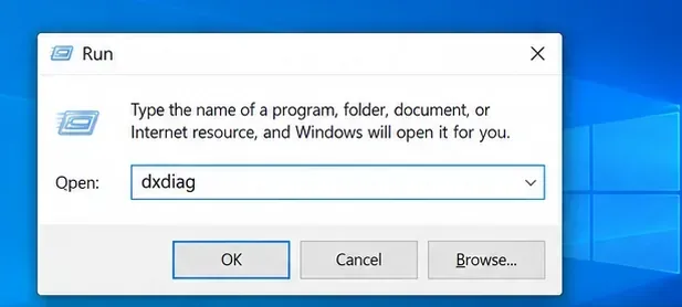 ในหน้าต่าง Run ของ Windows 10 ให้พิมพ์ dxdiag เพื่อเปิดเครื่องมือวินิจฉัย DirectX