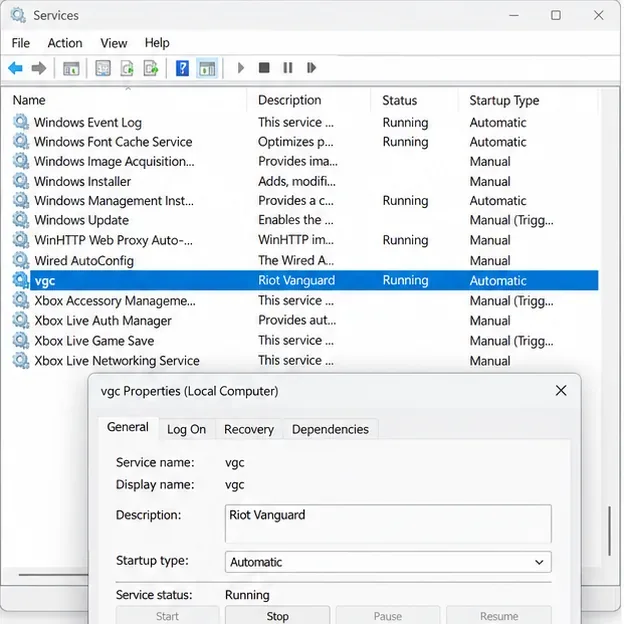 หน้าต่าง Windows Services แสดงให้เห็นว่าบริการ vgc ถูกเลือกโดยตั้งค่าประเภทการเริ่มต้นเป็นอัตโนมัติ