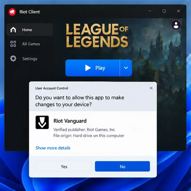 โปรแกรมเปิดเกม League of Legends แสดงข้อความขออนุญาตจาก Windows สำหรับ Riot Vanguard