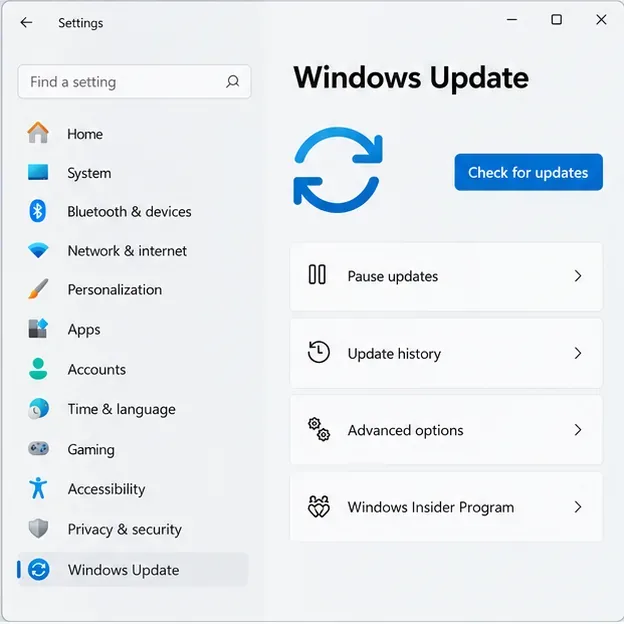 เปิดการตั้งค่า Windows ไปยังหน้า Windows Update โดยจะเห็นปุ่ม "ตรวจสอบการอัปเดต"