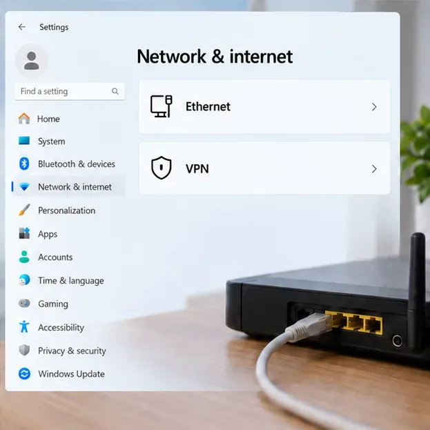 การตั้งค่าเครือข่ายและอินเทอร์เน็ตของ Windows แสดงการควบคุม Ethernet และ VPN ควบคู่ไปกับเราเตอร์บ้านและสาย Ethernet