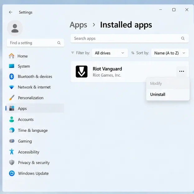 รายการแอปที่ติดตั้งใน Windows 11 โดยมี Riot Vanguard ถูกเลือกไว้ และมีตัวเลือกถอนการติดตั้งปรากฏให้เห็น