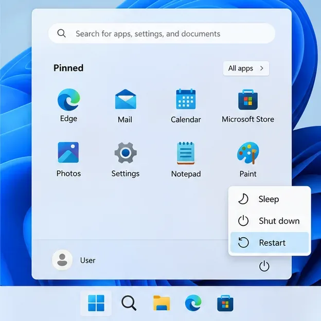 ตัวเลือกพลังงานในเมนูเริ่มต้นของ Windows 11 โดยไฮไลต์ "รีสตาร์ท"