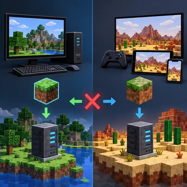 Ilustrație care compară un joc desktop în stil Java cu un gameplay pe consolă și mobil, fiecare conectat la propriul server multiplayer corespunzător.