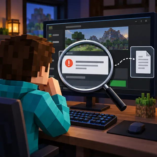 Ilustrație a unui jucător care examinează o notificare generică de eroare multiplayer și un fișier jurnal pe un ecran de joc în stil Minecraft.