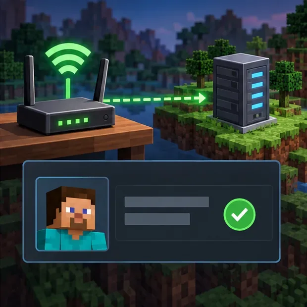 Ilustrație a unui router Wi-Fi care se conectează la un server multiplayer lângă un profil de jucător conectat.