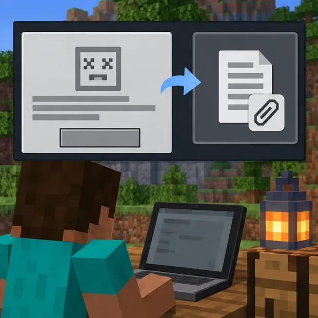 Schematic Minecraft-style crash report window with a document attachment prepared for support.