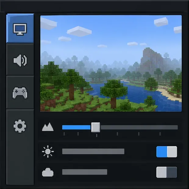Schematic Bedrock-style graphics settings screen with a render-distance slider set lower beside a world preview.