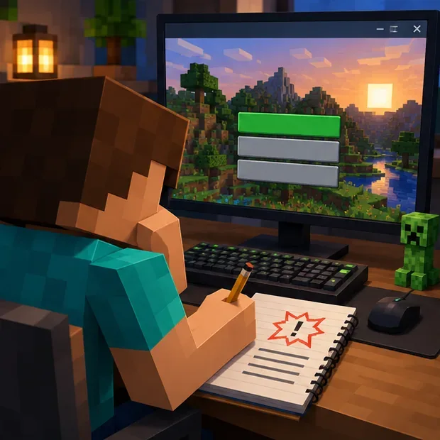 Schematic Bedrock-style game window beside a player writing down what happened before a crash.