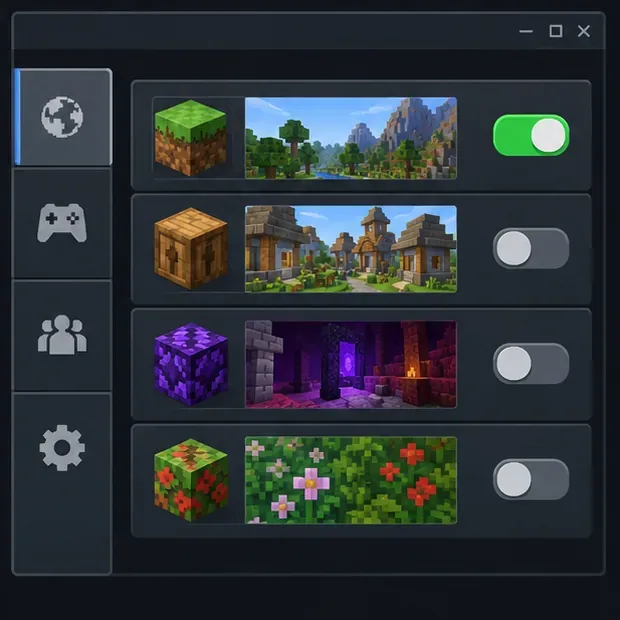 Schematic Minecraft-style add-on settings panel with separate resource and behavior pack toggles.