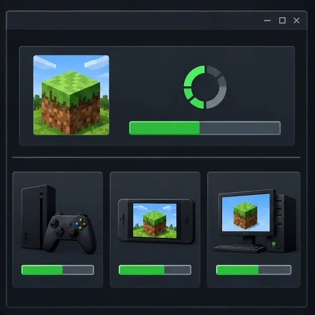 Schematic update panel showing a Minecraft-style game tile and separate console, handheld, and PC update indicators.