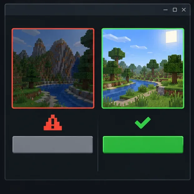 Schematic comparison of a failing Minecraft-style world and a separate new world that opens successfully.