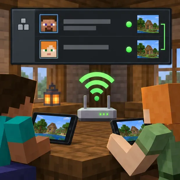Schematic multiplayer connection view showing two players and devices connected through the same home Wi-Fi network.