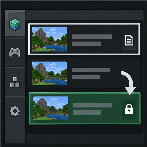 Schematic Bedrock world list showing a world being copied into a separate protected backup.