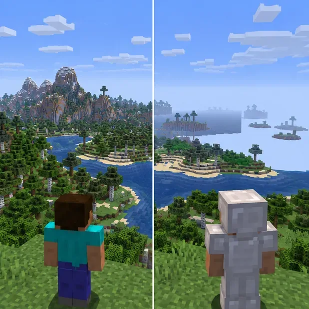 Două vizualizări ale lumii construite din blocuri arată cum o lume locală și o scenă multiplayer pot avea simptome de încărcare diferite.