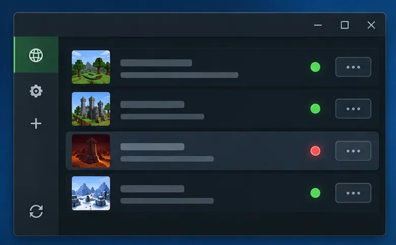 Several Minecraft server entries are shown with three reachable indicators and one connection marked as failed.