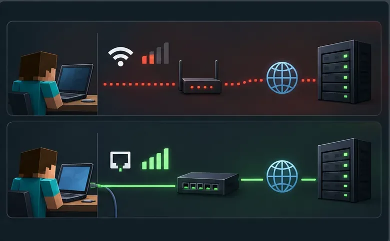 A gaming PC connects to the same server over a weak Wi-Fi route and a stable wired Ethernet route.