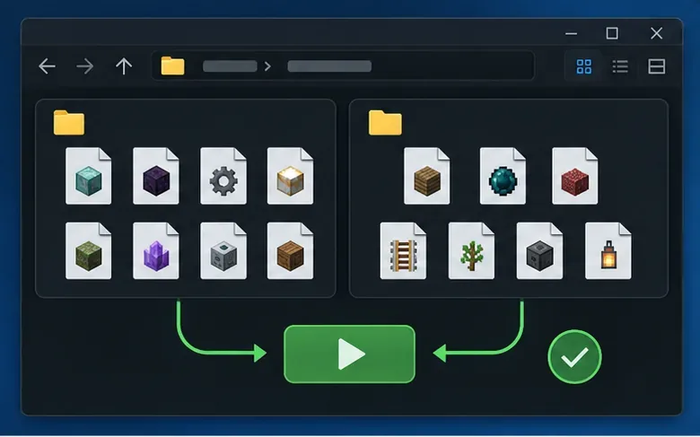 Two groups of Minecraft add-on files are tested separately before being combined again.