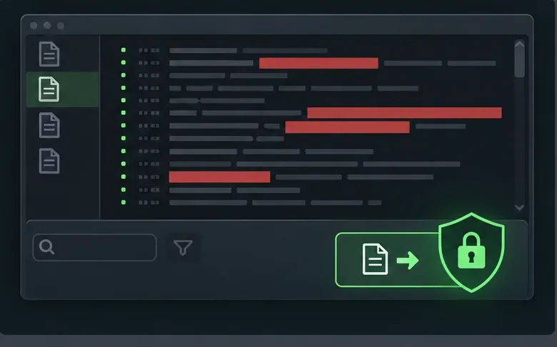 A log editor shows private lines masked before a file is prepared for sharing.