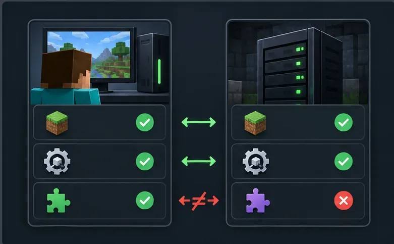 Client and server setup cards show matching game and loader checks, with one incompatible add-on marked in red.