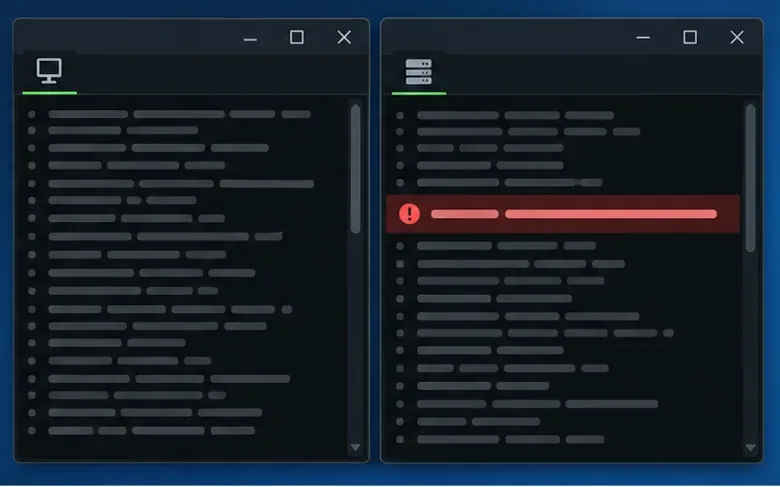 Two dark log windows are open, with a packet-related error line highlighted in the right-hand window.