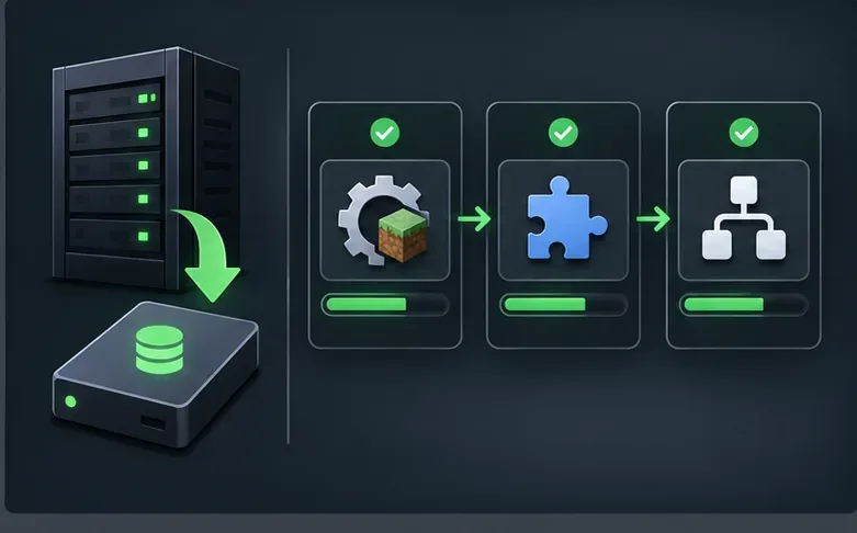 A server is backed up before a staged update of game, add-on, and proxy components.